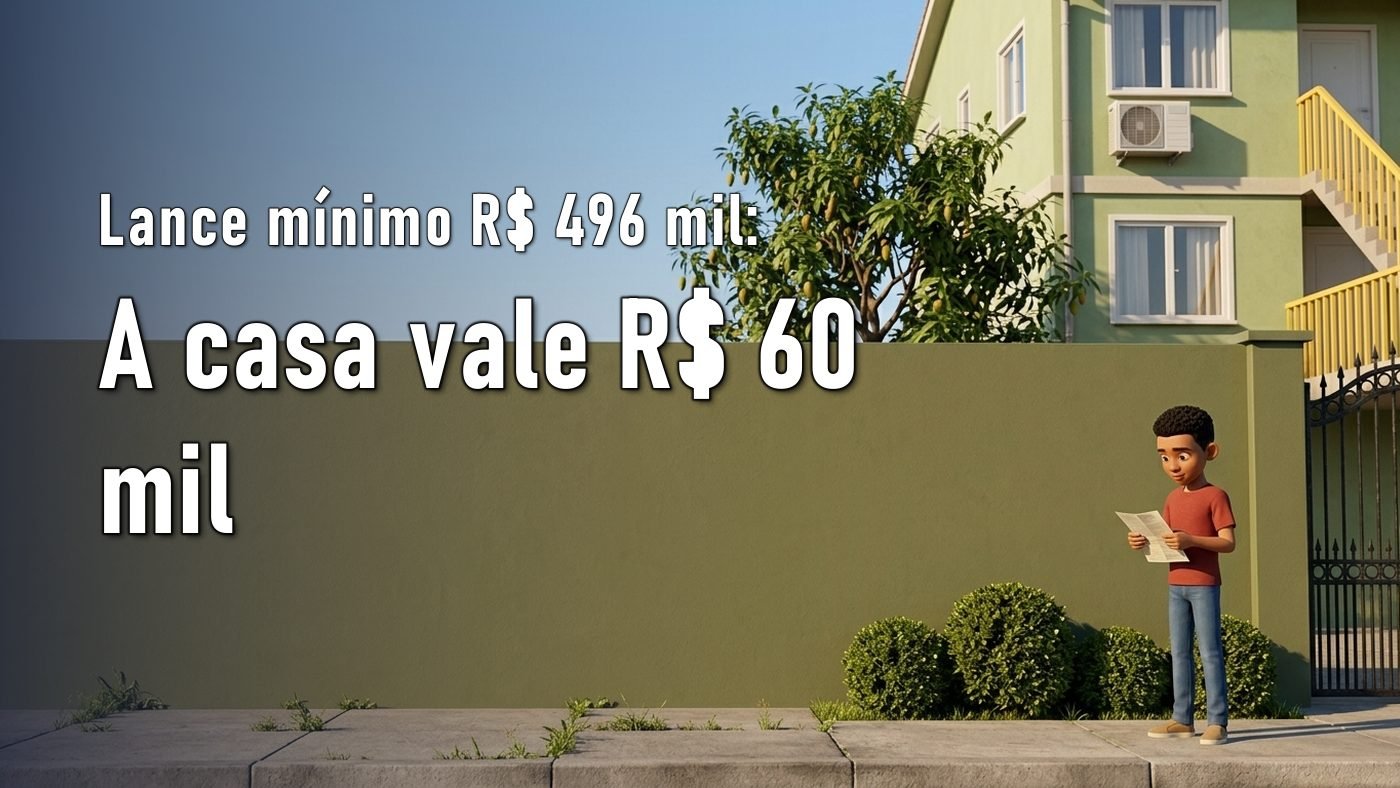 Ilustração de um homem na calçada diante de um muro alto verde-oliva com sobrado ao fundo, segurando um documento dobrado