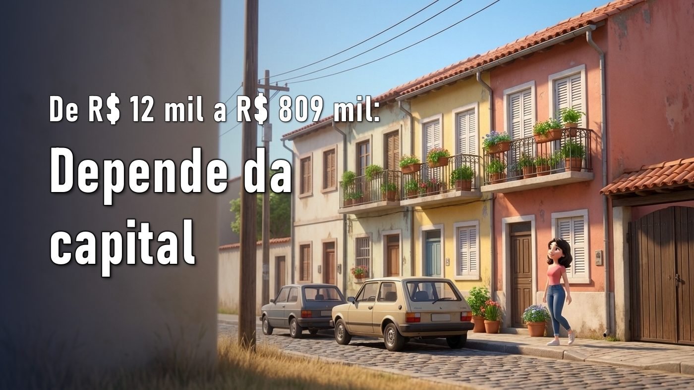 Ilustração de uma mulher passando por uma rua de sobrados coloridos, sob luz de dia