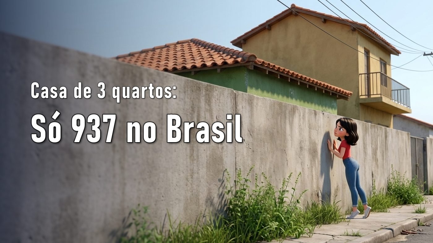 Ilustração de uma mulher na calçada tentando ver por cima de um muro alto de concreto, do qual aparece só o telhado de telhas de barro de uma casa
