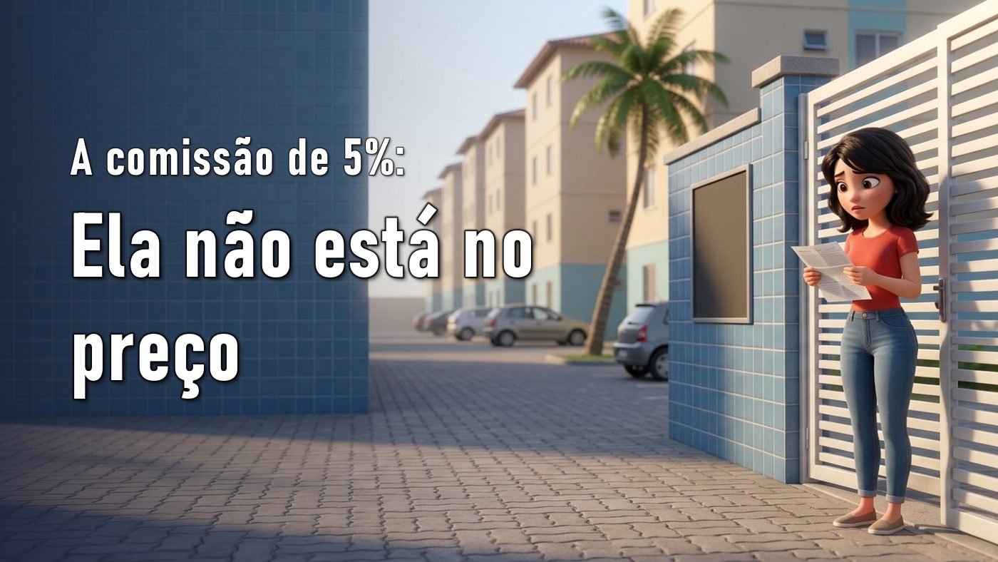 Ilustração de uma mulher na entrada de um condomínio popular, olhando um documento dobrado com expressão de dúvida, com o portão e os prédios ao fundo