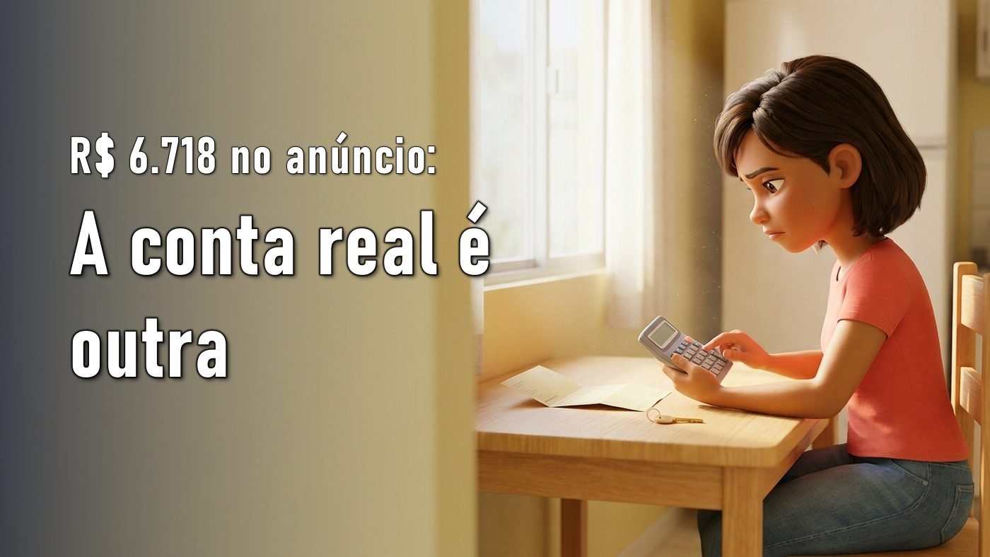 Ilustracao de uma mulher a mesa conferindo uma calculadora ao lado de um documento dobrado e uma chave