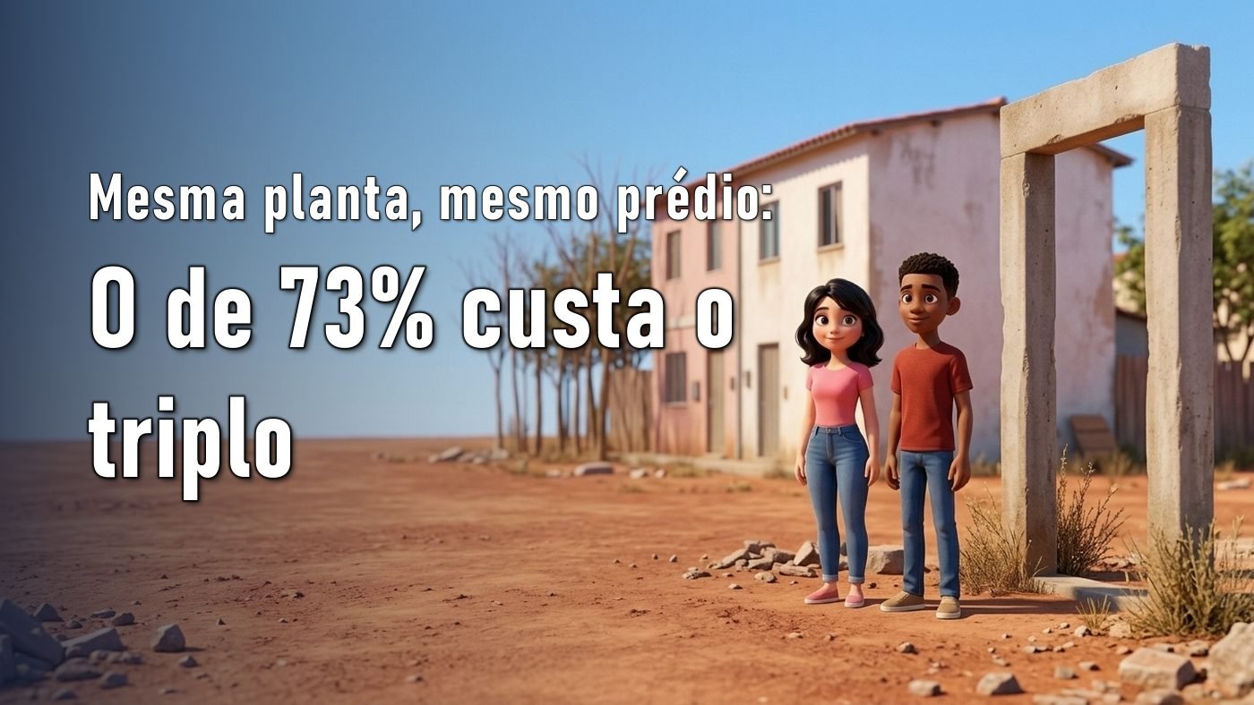 Ilustração de um casal num terreno de terra vermelha ao lado de um pórtico de concreto sem porta, com um prédio residencial de dois andares ao fundo entre as árvores