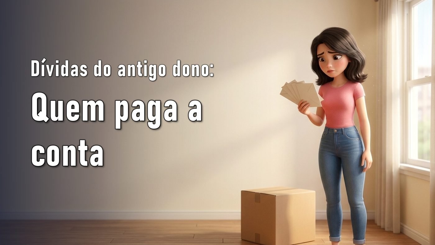 Ilustração de uma mulher em uma sala vazia segurando envelopes ao lado de uma caixa de mudança