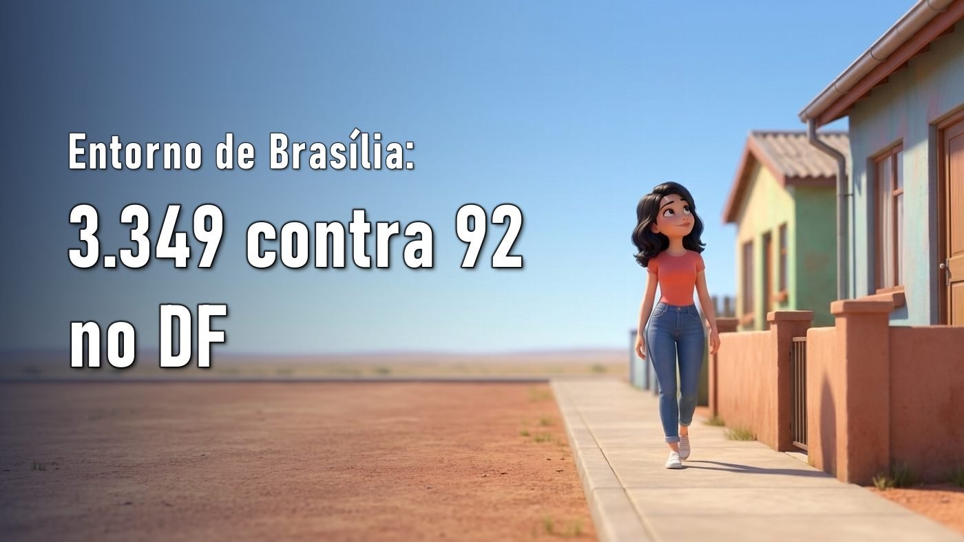 Ilustração de uma mulher caminhando por uma rua de casas simples sob o céu aberto do Planalto Central