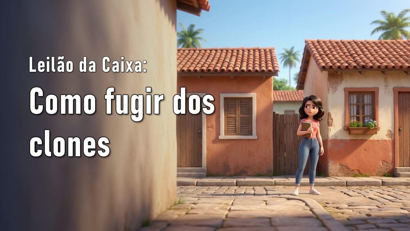 Ilustração de uma mulher parada numa rua de casas simples quase iguais, olhando de uma fachada para a outra com expressão de dúvida