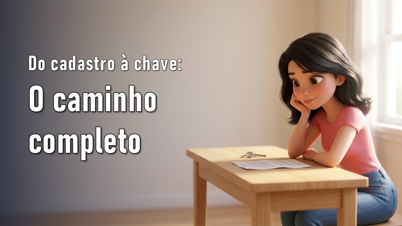 Ilustração de uma mulher sentada a uma mesa clara olhando uma chave e um documento, numa sala vazia