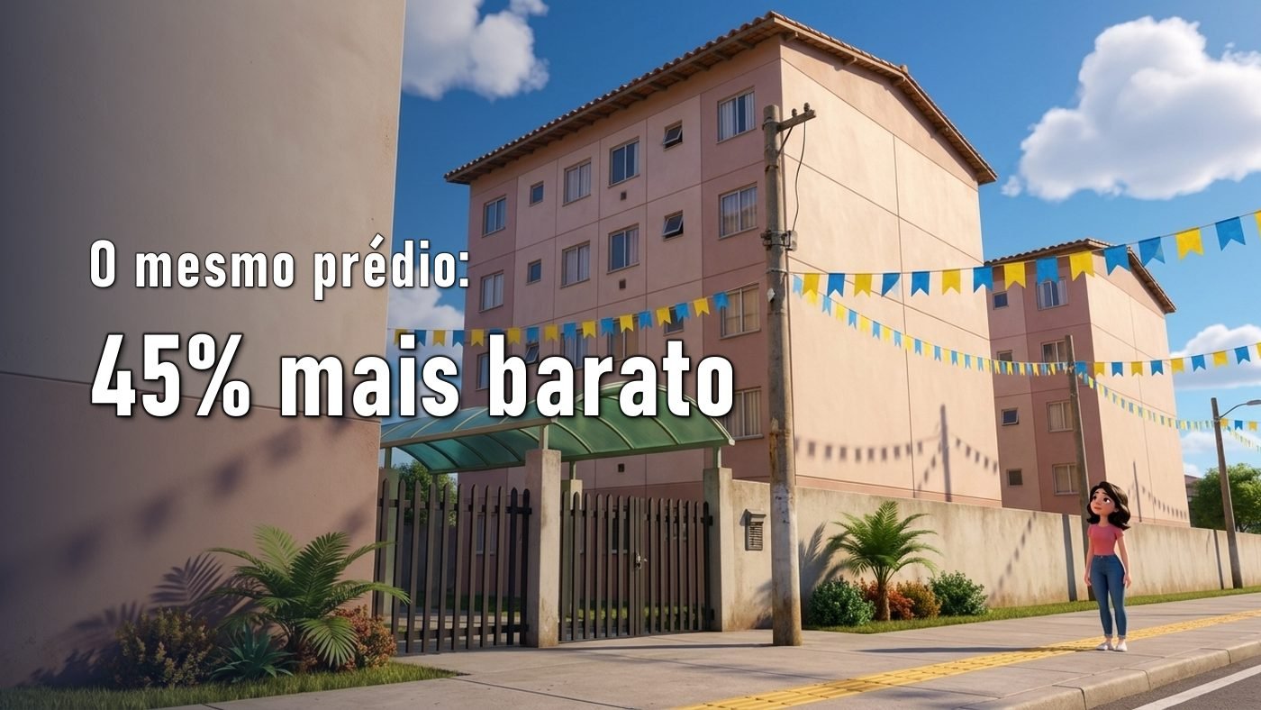 Ilustração de uma mulher na calçada olhando dois blocos de apartamentos populares idênticos, com portaria e céu azul