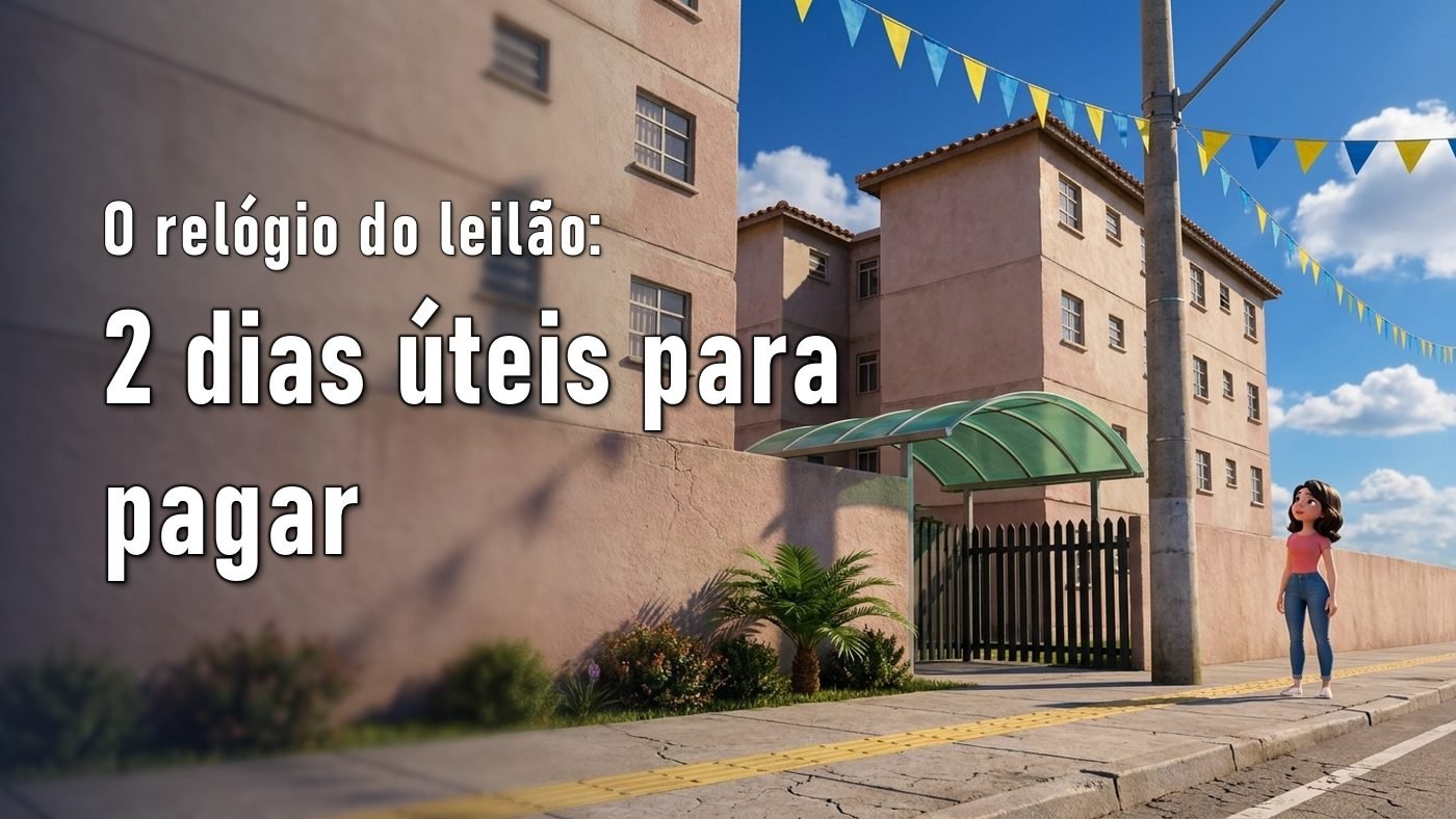 Ilustração de uma mulher na calçada em frente a blocos de apartamentos de quatro andares, com portão de grade e cobertura verde na entrada