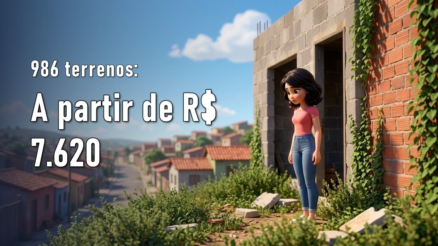 Ilustração de uma mulher parada num lote vazio tomado de mato, ao lado de uma construção de blocos inacabada, com a cidade ao fundo